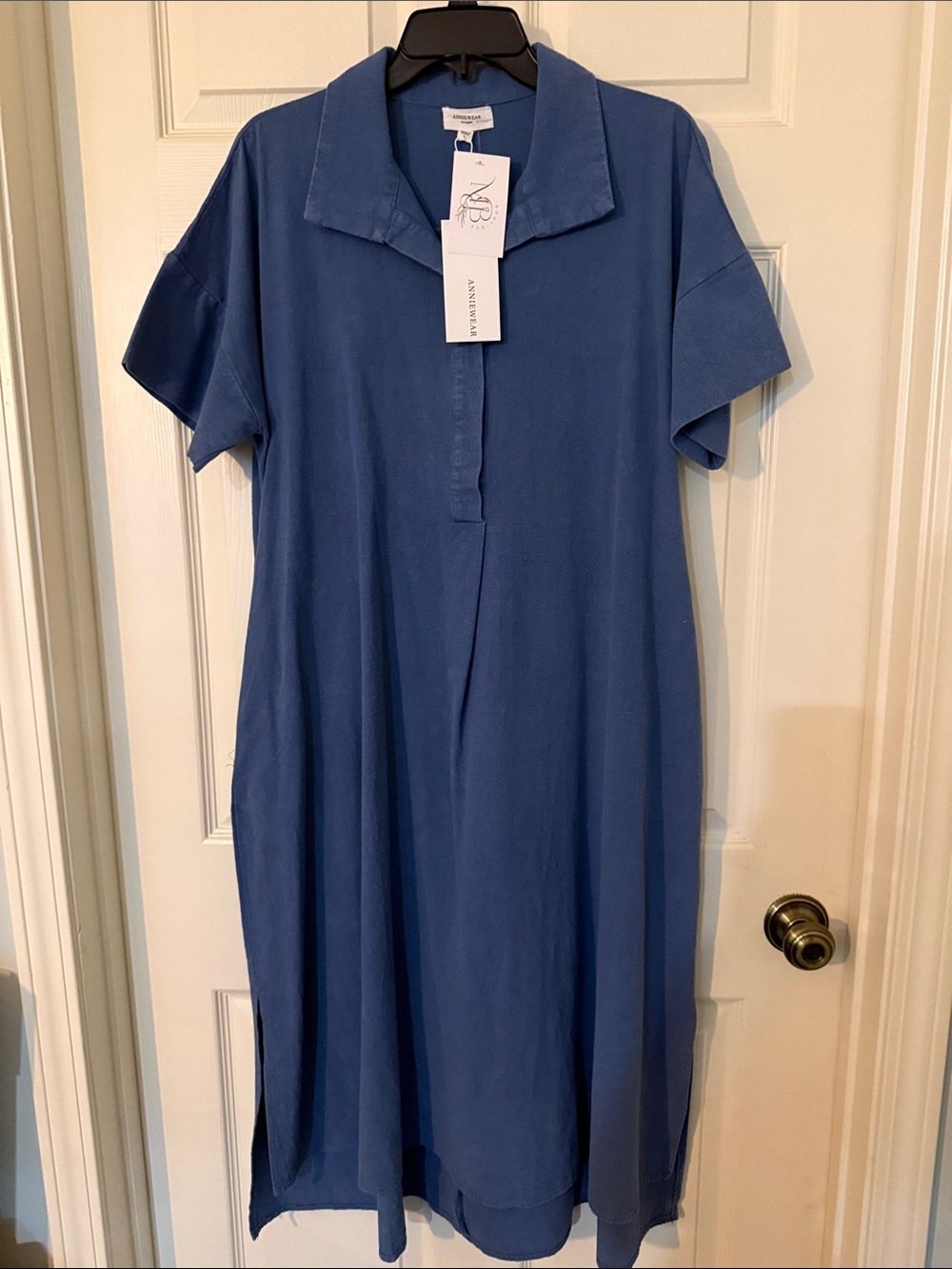 Anniewear Slate Blue Mineral Washed Johnny Collar Woven Maxi Dress